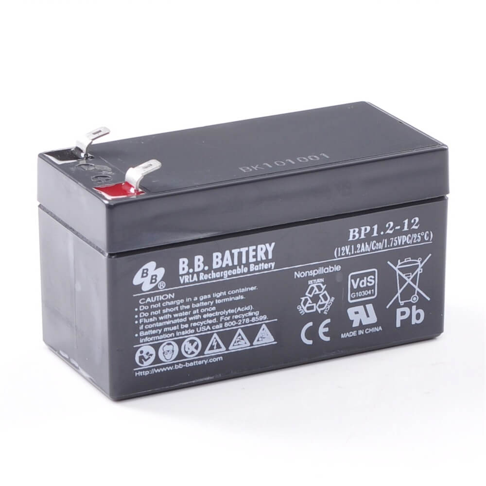 12V 1.2Ah Battery, Sealed Lead Acid battery (AGM), B.B. Battery BP1.2-12,  VdS, 97x45x50 mm (LxWxH), Terminal T1 Faston 187 (4,75 mm)