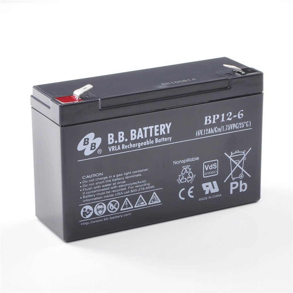 6V 12Ah Battery, Sealed Lead Acid battery (AGM), B.B. Battery BP12-6, VdS,  151x50x94 mm (LxWxH), Terminal T2 Faston 250 (6,3 mm)