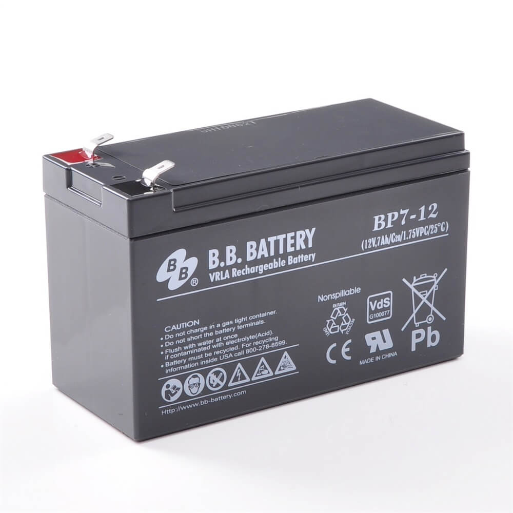 12V 7Ah Battery, Sealed Lead Acid battery (AGM), B.B. Battery BP7-12, VdS,  151x65x93 mm (LxWxH), Terminal T2 Faston 250 (6,3 mm)