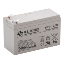 12V 7Ah Battery, Sealed Lead Acid battery (AGM) flame retardant, B.B. Battery BP7-12FR, replaces e.g. Panasonic LC-V127R2PG1
