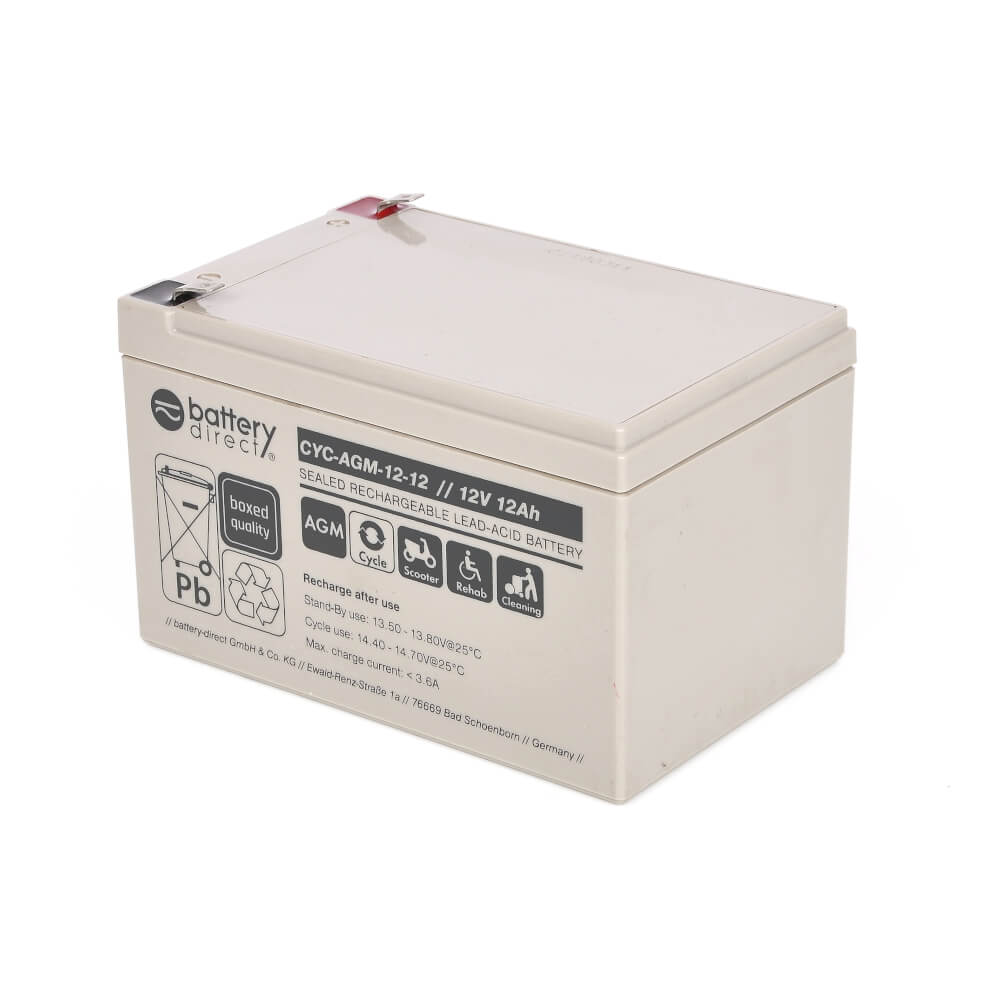 12V 12Ah battery, cyclic Sealed Lead Acid battery (AGM), battery-direct  CYC-AGM-12-12, 151x98x94 mm (LxWxH), Terminal T2 Faston 250 (6,3mm)