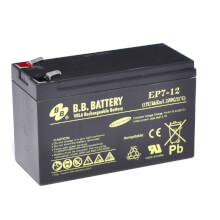 12V 7Ah Battery, Sealed Lead Acid battery (AGM), B.B. Battery EP7-12, 151x65x93 mm (LxWxH), Terminal T2 Faston 250 (6,3 mm)