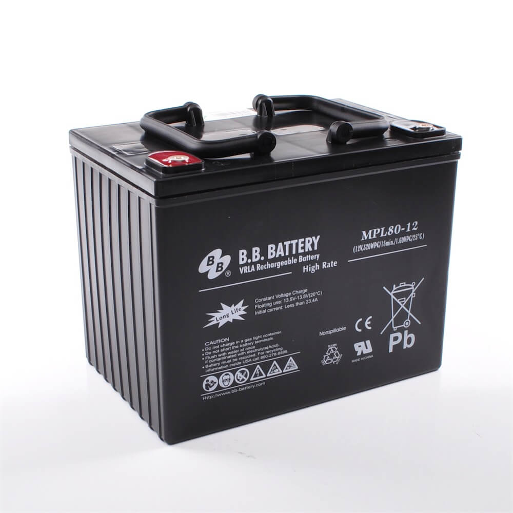 12V 80Ah Battery, Sealed Lead Acid battery (AGM), B.B. Battery MPL80-12 H,  261x173x200 mm (LxWxH), Terminal I2 (Insert M6)