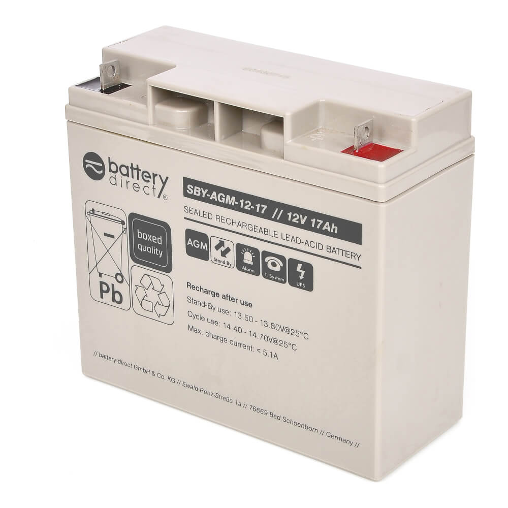12V 17Ah battery, Sealed Lead Acid battery (AGM), battery-direct  SBY-AGM-12-17, 181x77x167 mm (LxWxH), Terminal B1 (Fitting M5 bolt and nut)