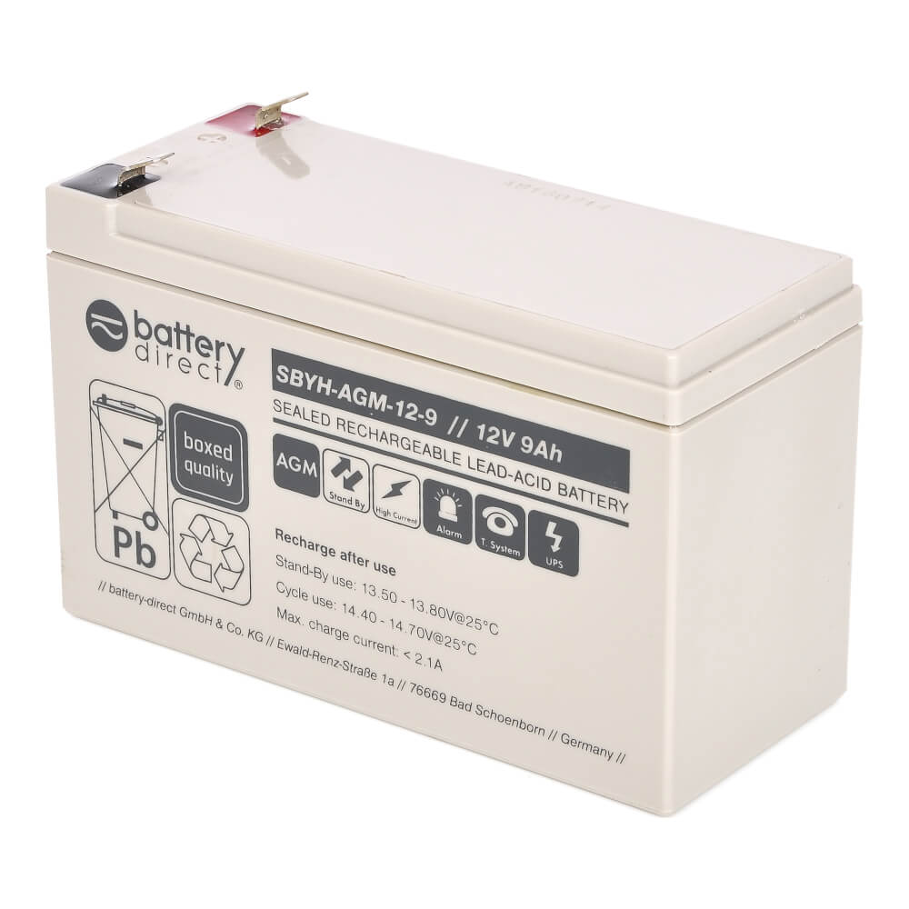 12V 9Ah Battery, Sealed Lead Acid battery (AGM), battery-direct  SBYH-AGM-12-9, 151x65x94 mm (LxWxH), Terminal T2 Faston 250 (6,3 mm)